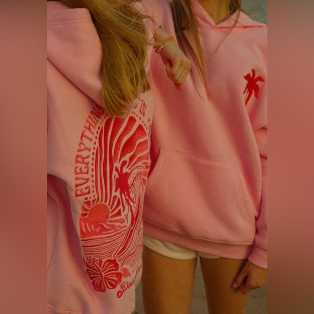 Pink Palm Puff Everything Comes In Waves Hoodie - Pink